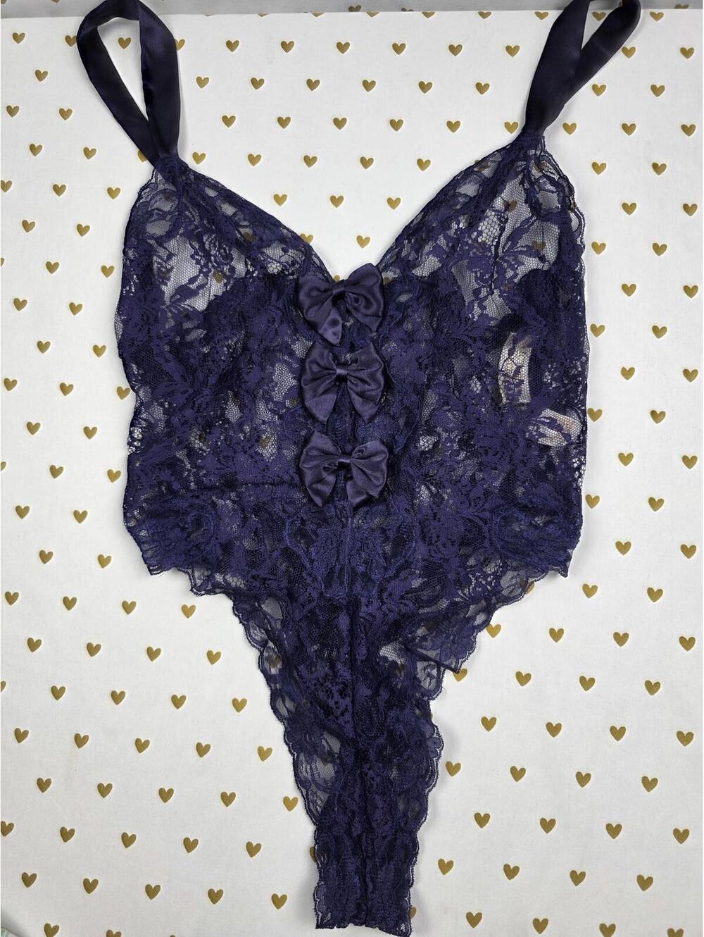 Victorias Secret VINTAGE Gold Label Teddy Lace Blue Sheer Lingerie Medium Thong